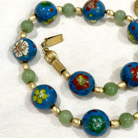 Vintage Chinese Blue Cloisonné Jadeite Sterling Silver Bead Necklace Enamel - Picture 9 of 11